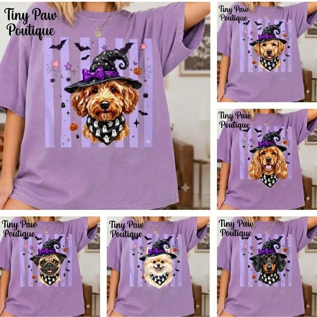 Comfort Colors 30+ Dog Breeds Halloween Shirt, Witch Dog Graphic Tee
