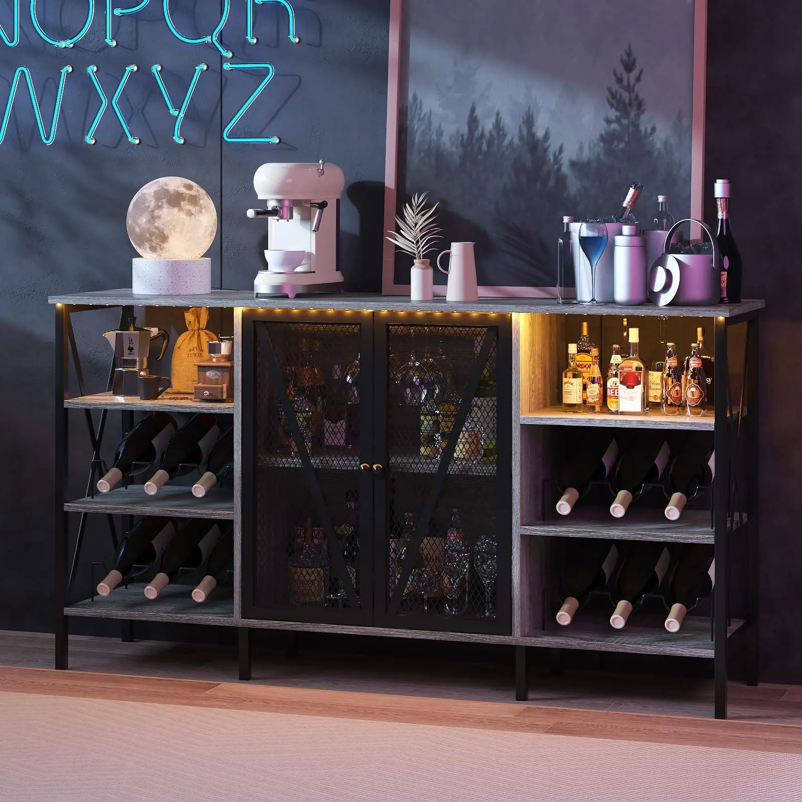 Grey Sturdy Rustic Metal & Wood Wine Bar Cabinet with LED Light, 4-Tier Liquor Sideboard Buffet with Wine Rack, Glass Holder, Mesh Door & Shelves, Waterproof Residential Use Furniture (Assembly Required) for Kitchen, Living Room, Industrial