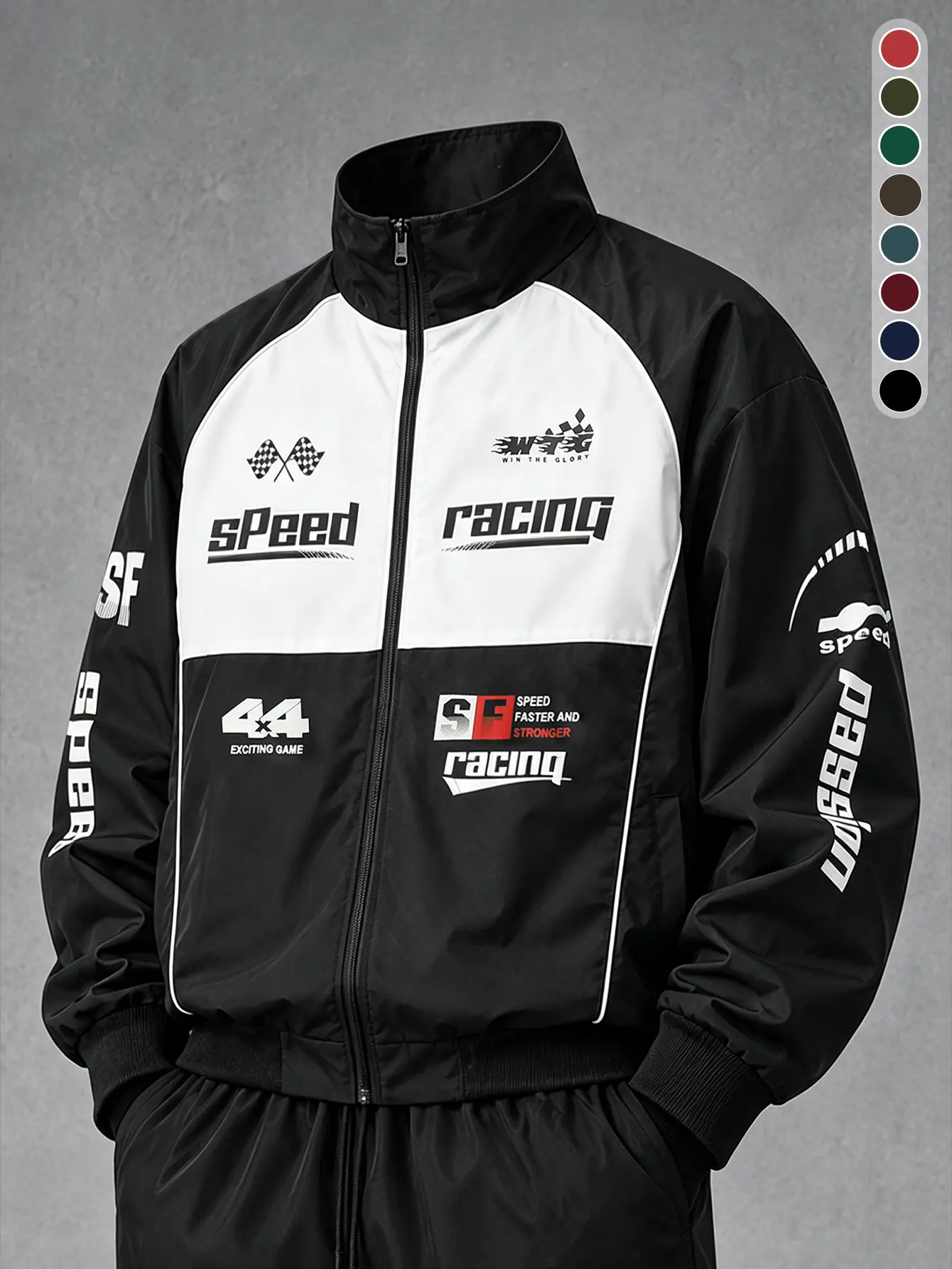 Men’s racing graphic full-zip jacket, color-block stand collar windbreaker, letter-print streetwear coat with ribbed cuffs & hem, casual lightweight motorcycle-style jacket for fall and spring