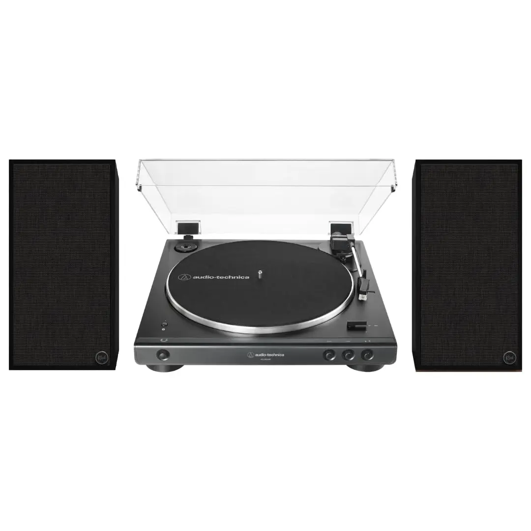 Klipsch The Sevens Heritage Inspired Powered Speakers (Black) Bundle with 60XBT-BK Fully Automatic Belt-Drive Stereo Turntable, Vinyl Playback, Wood Construction, Dust Cover, 1-Inch Titanium Tweeter, 33 1/3 & 45 RPM Records Support