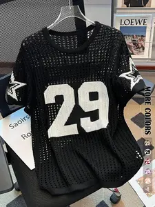 Women's Figure & Letter Hollow Out Sweater, Casual Fashion Short Sleeve Crew Neck Knit Top for Summer, Fashion Women's Knitwear for Daily Wear