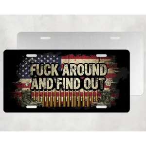 "F*ck Around & Find Out" Sublimation License Plate with American Flag & Military Boots, Patriotic Car Plate