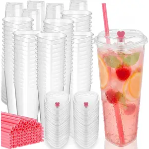 200 Set 23 oz Heart Cups with Lids and Reusable Disposable Heart Cups Drinking Cup Bulk for Wedding Anniversary Supplies (Clear,Pink)