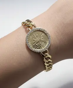 Cuban Link Coin Toggle Bracelet, New Style with Centenario Charm, 7in + 2in Extender, White Stones, Double-Sided Design (Costume Jewelry)