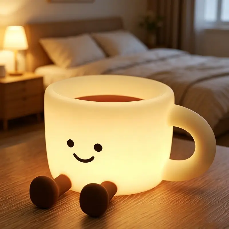 Coffee cup shaped pat-to-light night light, 2-in-1 desk atmosphere lamp and phone holder, healing and stress-relieving, desk statue gift