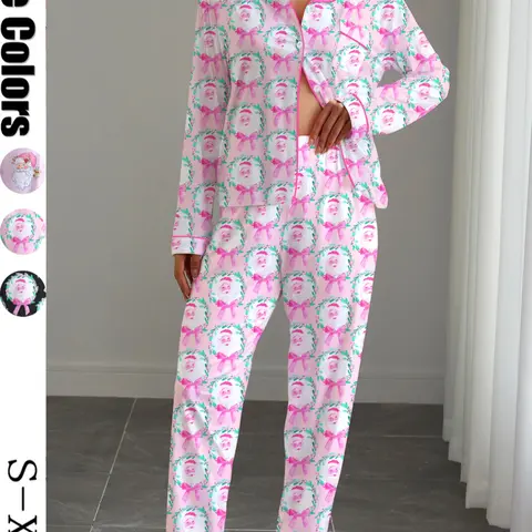 【Christmas】Women's Christmas Print Pajama Set, Fitted Long Sleeve Shirt & Elastic Pants, Soft Stretchy Fabric, Casual Home Wear, Sleepwear Loungewear Set