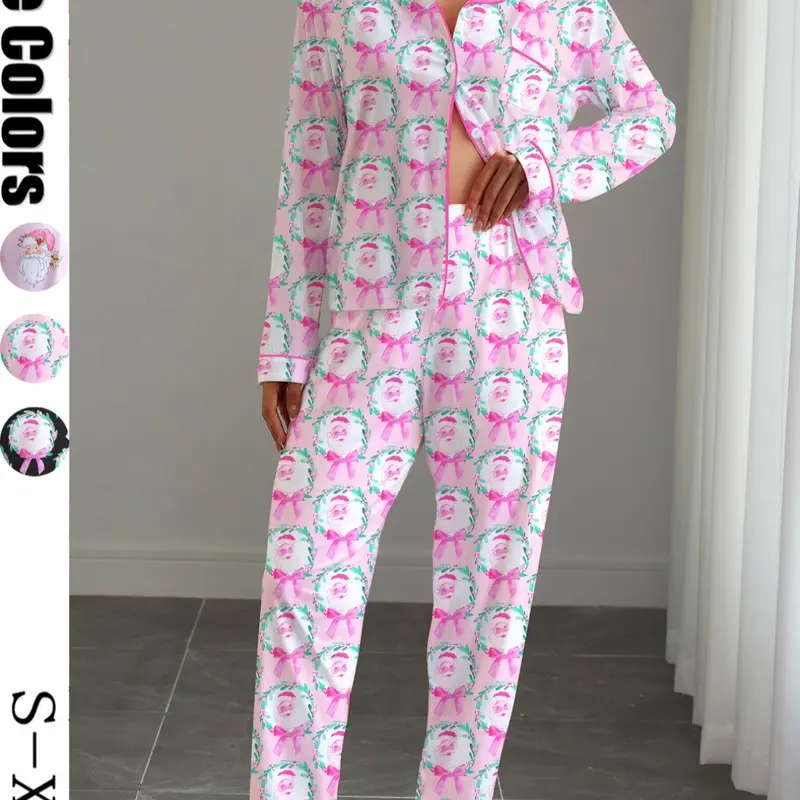 【Christmas】Women's Christmas Print Pajama Set, Fitted Long Sleeve Shirt & Elastic Pants, Soft Stretchy Fabric, Casual Home Wear, Sleepwear Loungewear Set