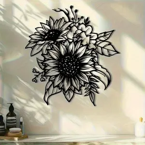 2D plan, 1 elegant Artistic black sunflower metal wall decoration with classic petal and leaf design, durable indoor and outdoor decoration - perfect for housewarming, weddings, Mother's Day gifts, outdoor wall decoration, courtyard decoration