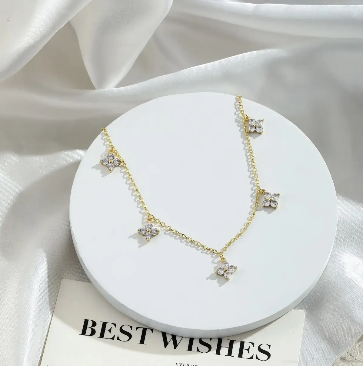 Women's Dainty Gold-Tone 4-Leaf Clover Sparkling CZ Floral Choker Necklace, Trendy Costume Jewelry, Ideal Birthday Anniversary Gift