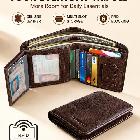 Men’s Genuine Leather Trifold Wallet with RFID Blocking, Large Capacity Multi-Card Organizer with 2 Bill Compartments & ID Window, Everyday Wallet for Men, Brown/Coffee Brown/Black