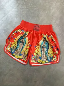 Virgin Mary Graphic Floral Boxing Shorts, Sublimation Print Lightweight Streetwear Shorts, Elastic Waist Breathable Shorts for Workout Festival Y2K Mexican Inspired