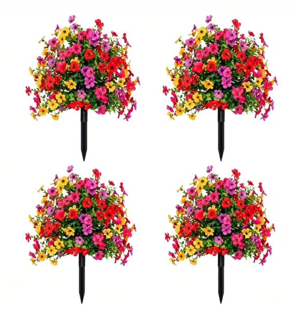 Multicolor Artificial Petunia Bushes with Spike Stakes, No Fade Plastic Fake Floral Arrangement, Outdoor Aesthetic Planter Filler for Walkway Grave Backyard Decor, Low Maintenance Garden Ornament