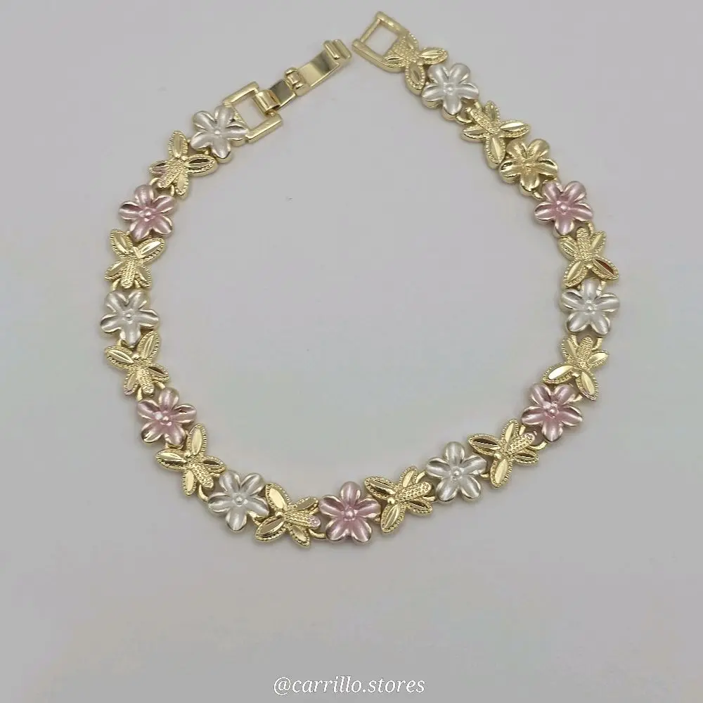 Valentine's day perfect gift Bracelet with flowers and butterflies three colors Gold-plated 7½inches  Gold-plated