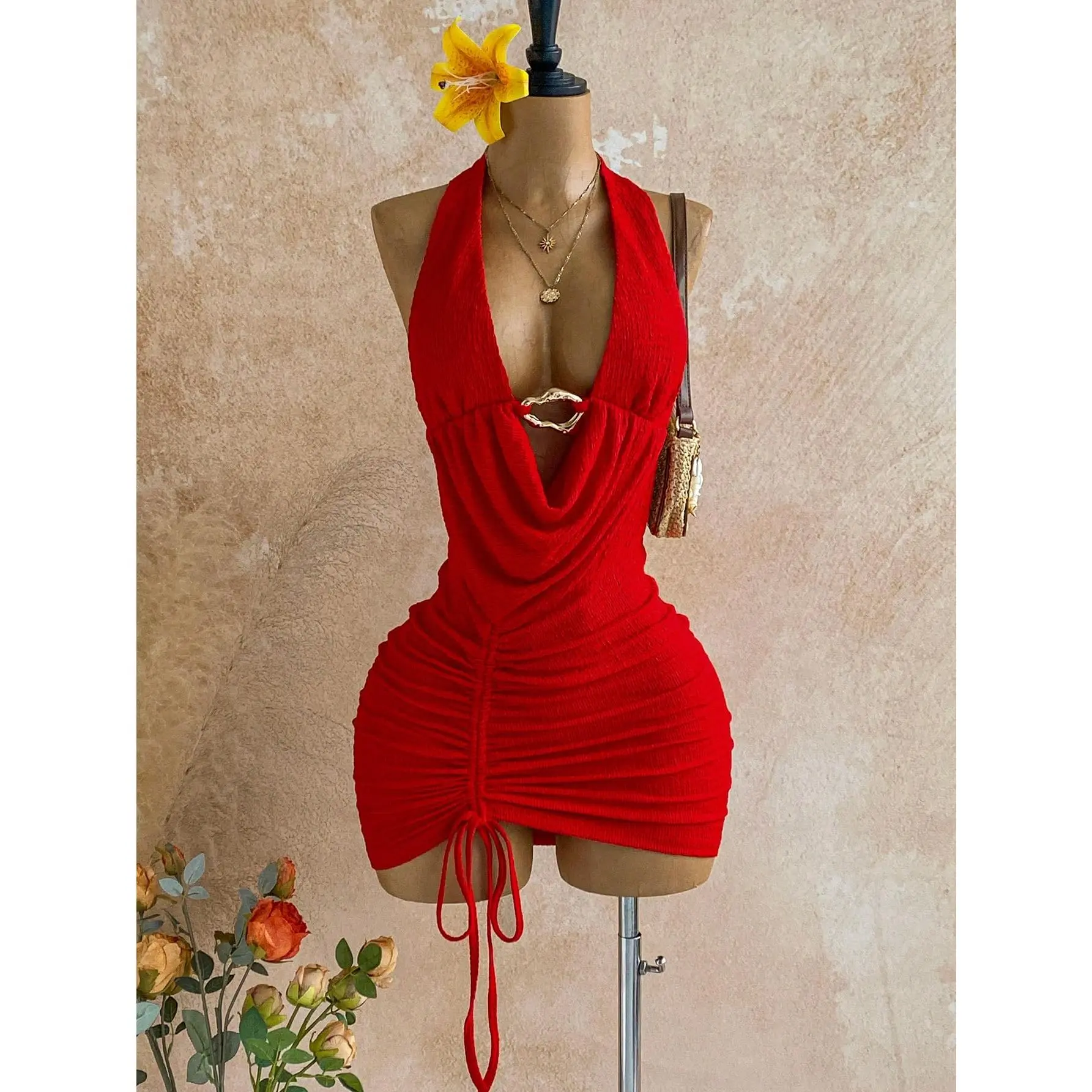 Women's Deep V Neck Backless Halter Mini Dress - Metal Ring Bodycon, Ruched, Night Out Clothes, Clubbing Clothes, Mini Night Club Casual Dress, Night Out Clothes For Women, Clubbing Clothes For Women
