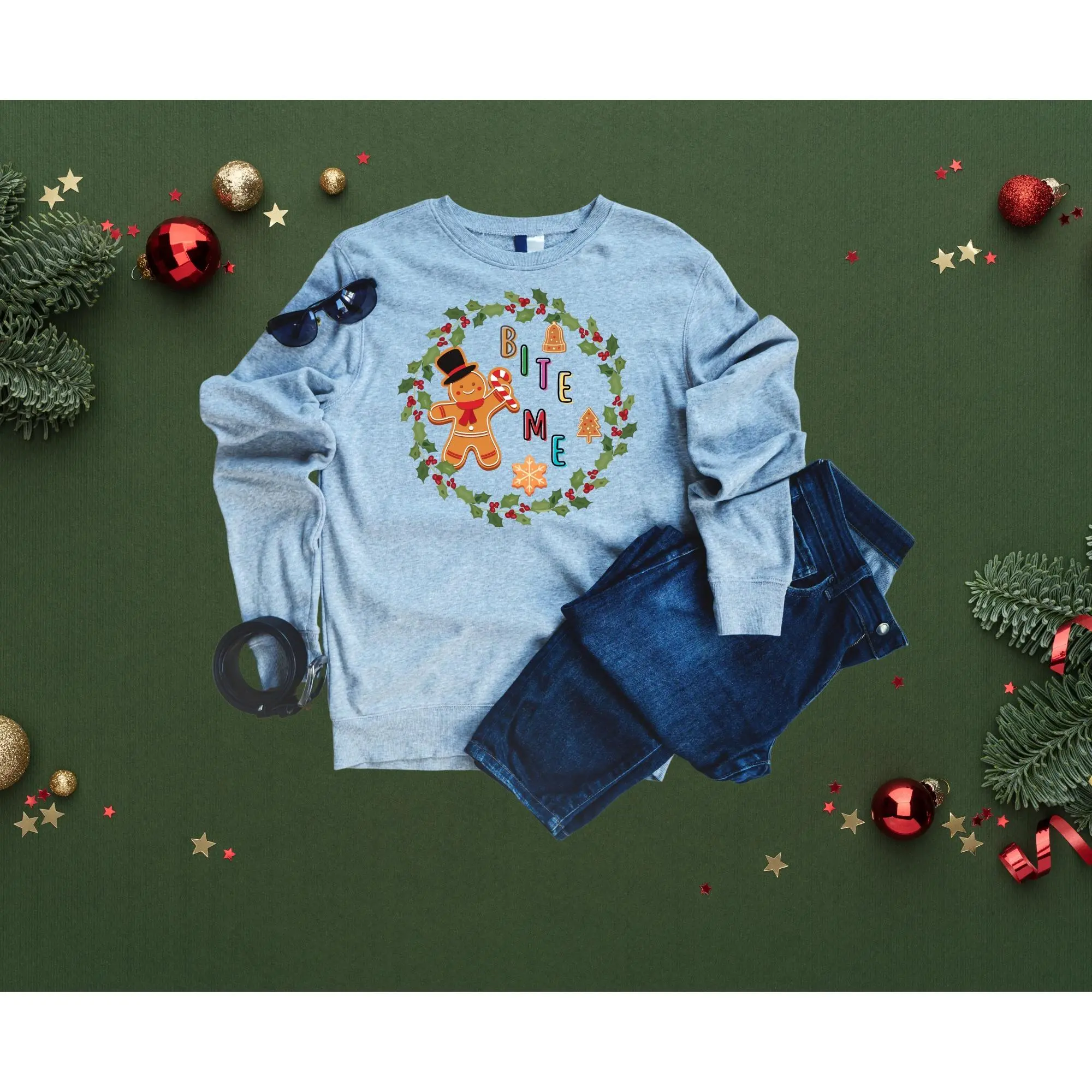 Christmas Gingerbread Man Bite Me Long Sleeve Tee, Holiday Unisex T-Shirt, Funny Xmas Shirt, Winter Graphic Tee, Christmas Apparel