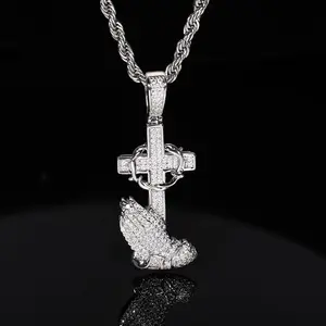 Luxury Silver CZ Cross Necklace for Men, Sparkly Praying Hands Pendant Chain, Bold Christian Statement Jewelry, Trendy Hip Hop Gift Accessory