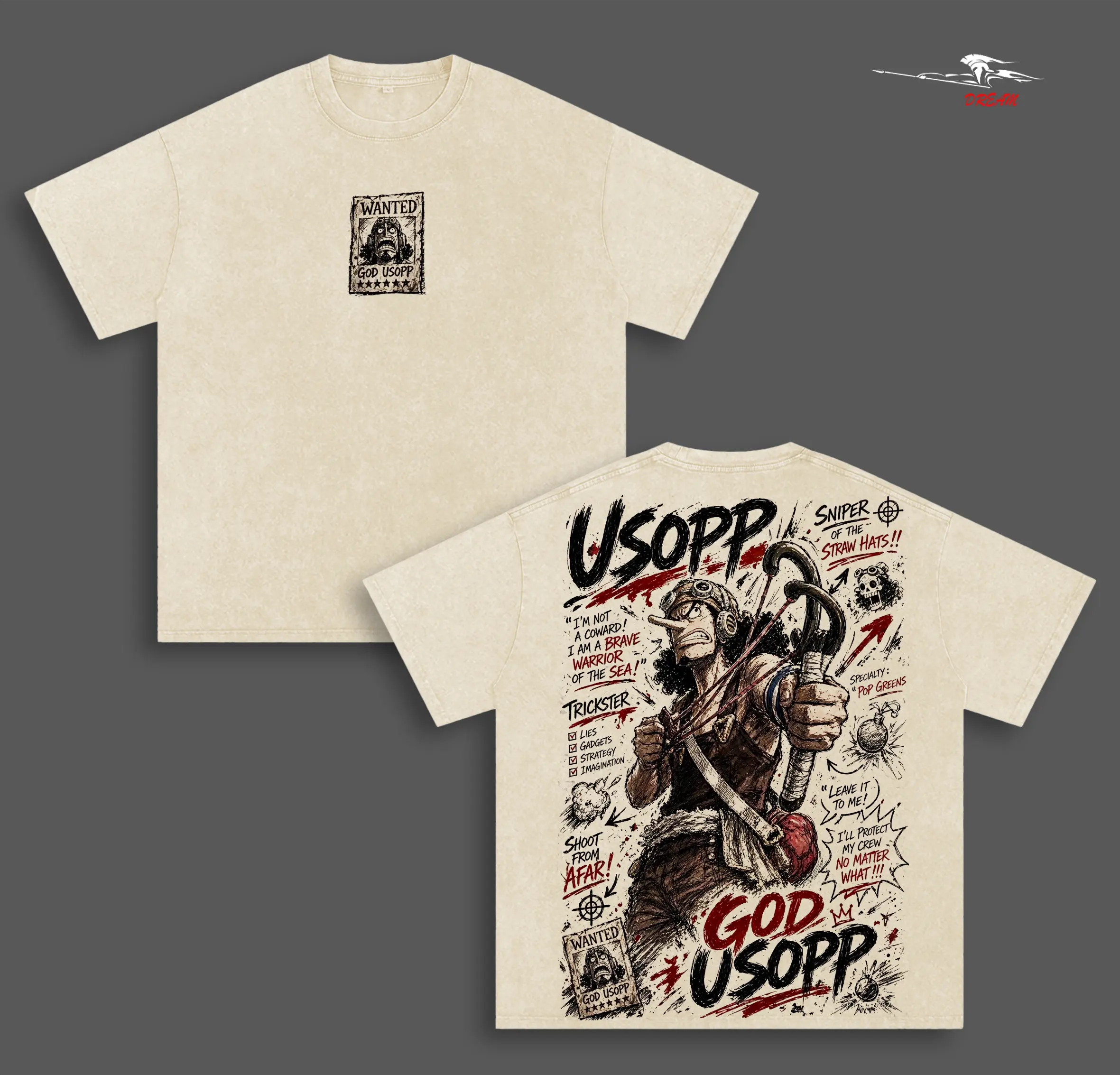 God Usopp Anime Double Printed Vintage Washed Tee Unisex Oversize Anime Manga Washed Heavyweight Cotton T-shirt
