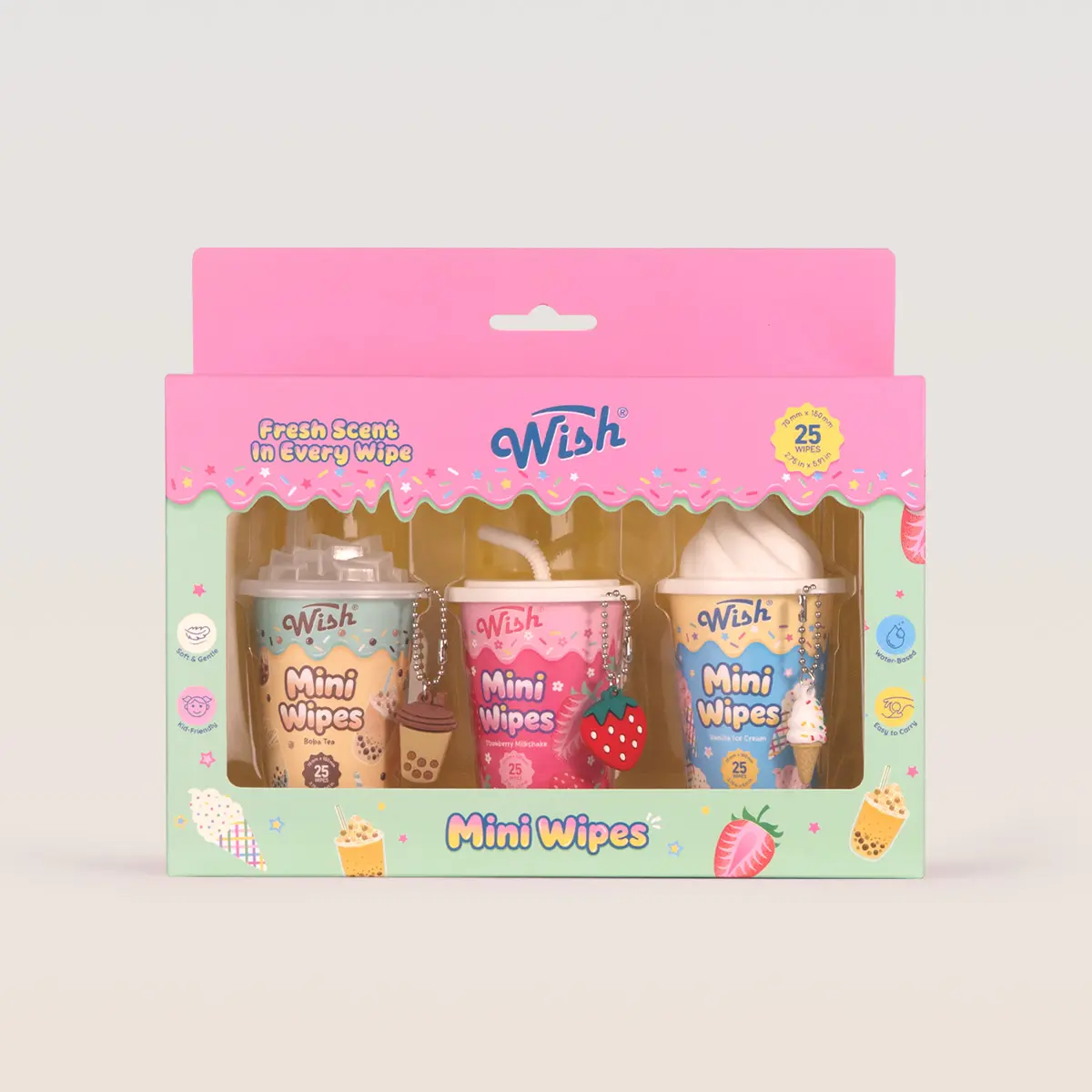 Wish Creamy Milky Sweetness Mini Wipes Gift Box - Vanilla Ice Cream, Strawberry Milkshake, Boba Tea Scents, Travel Home Care Present Set with Keychain Charms, 3-Pack (25ct Each)