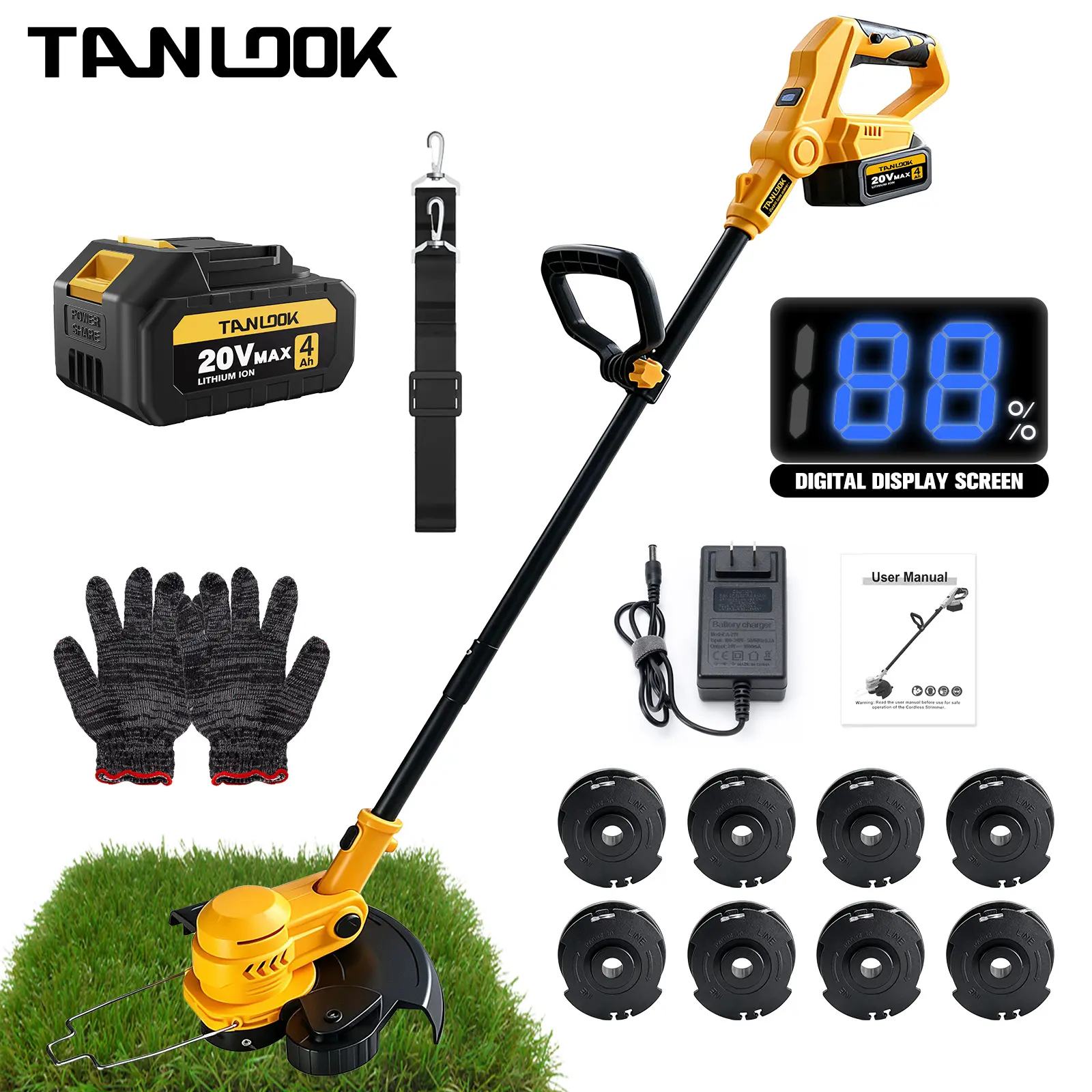 TANLOOK 20V Cordless Digital Display String Trimmer, Extendable Handheld Weed Wacker Edger Combo, Lightweight Lawn Grass Cutter for Yard Garden Home, with 4Ah Lithium Battery, Charger, 8 Replacement Spools, Shoulder Strap & Protective Gloves