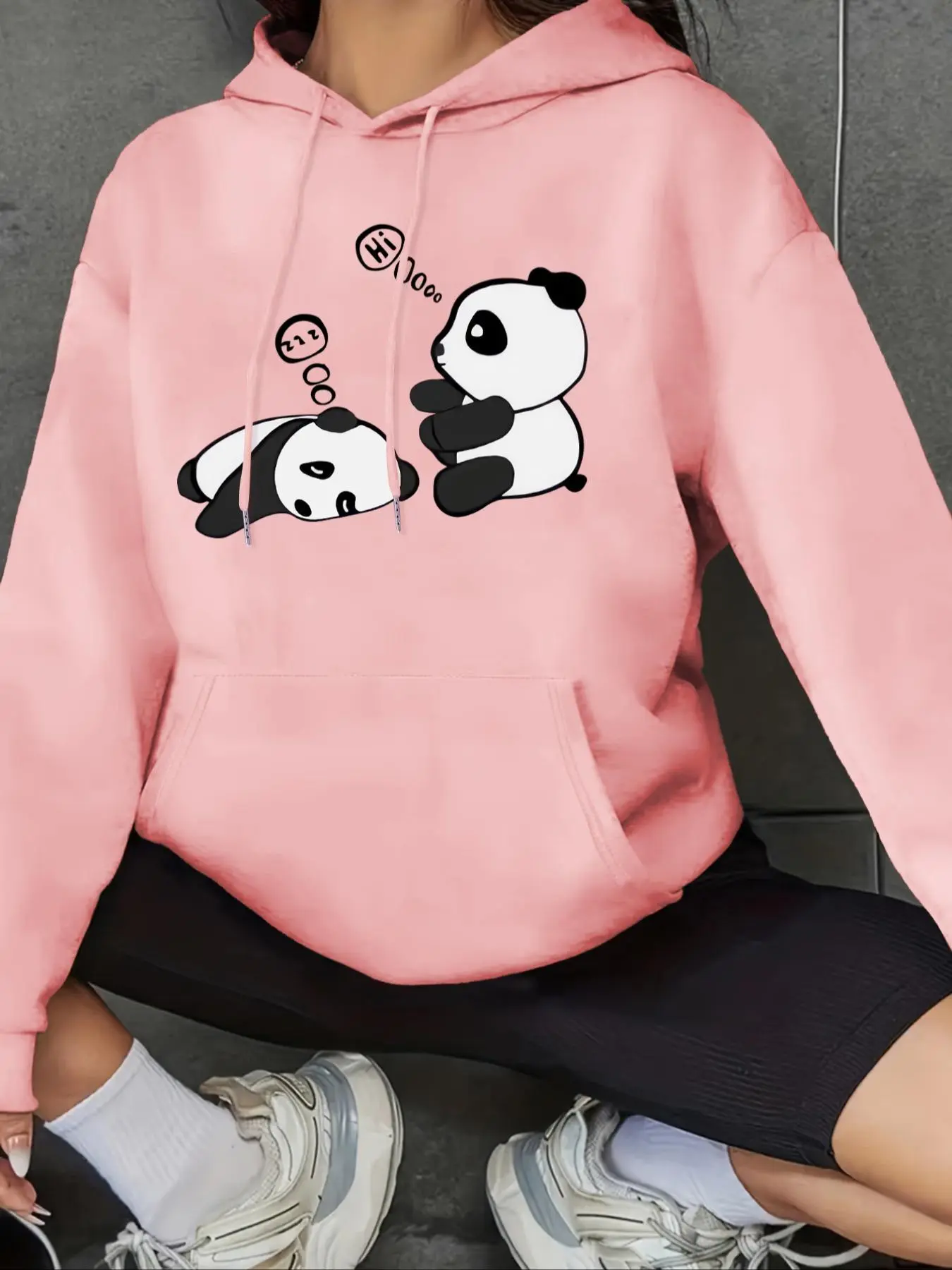 Women's Cartoon Panda Print Drop Shoulder Hoodie, Fashion Casual Drawstring Kangaroo Pocket Hooded Sweatshirt for Daily Holiday Outdoor Wear, Women Clothing for Fall & Winter