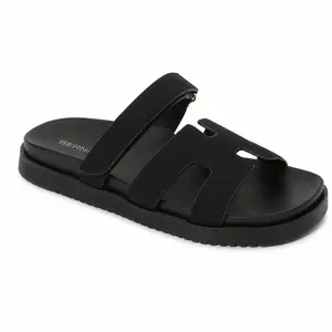 BERNESS Emily Black Slide Sandals for Women, Adjustable Hook-and-Loop Strap Flat Sandals with Cutout Upper and Lightweight Platform Sole, Comfortable Casual Summer Shoes