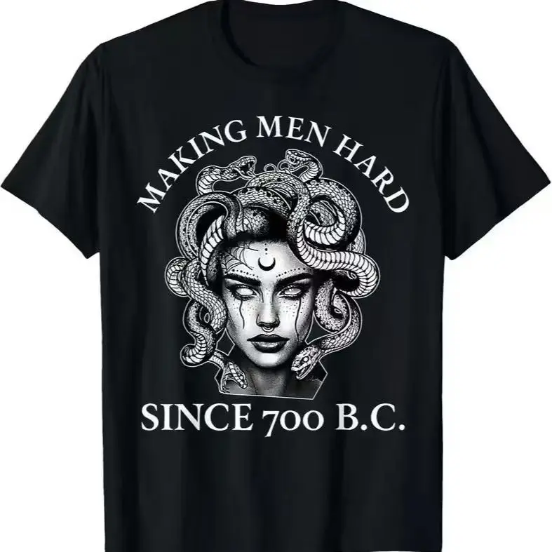 Women's Cotton Snake Graphic Black-T-Shirt - Funny Feminist Medusa "Making Men Hard Since 700 B.C" Print, Short-Sleeve Crew Neck, Moisture-Wicking Fabric Top, Casual Streetwear, Pairable with Cargo Pants