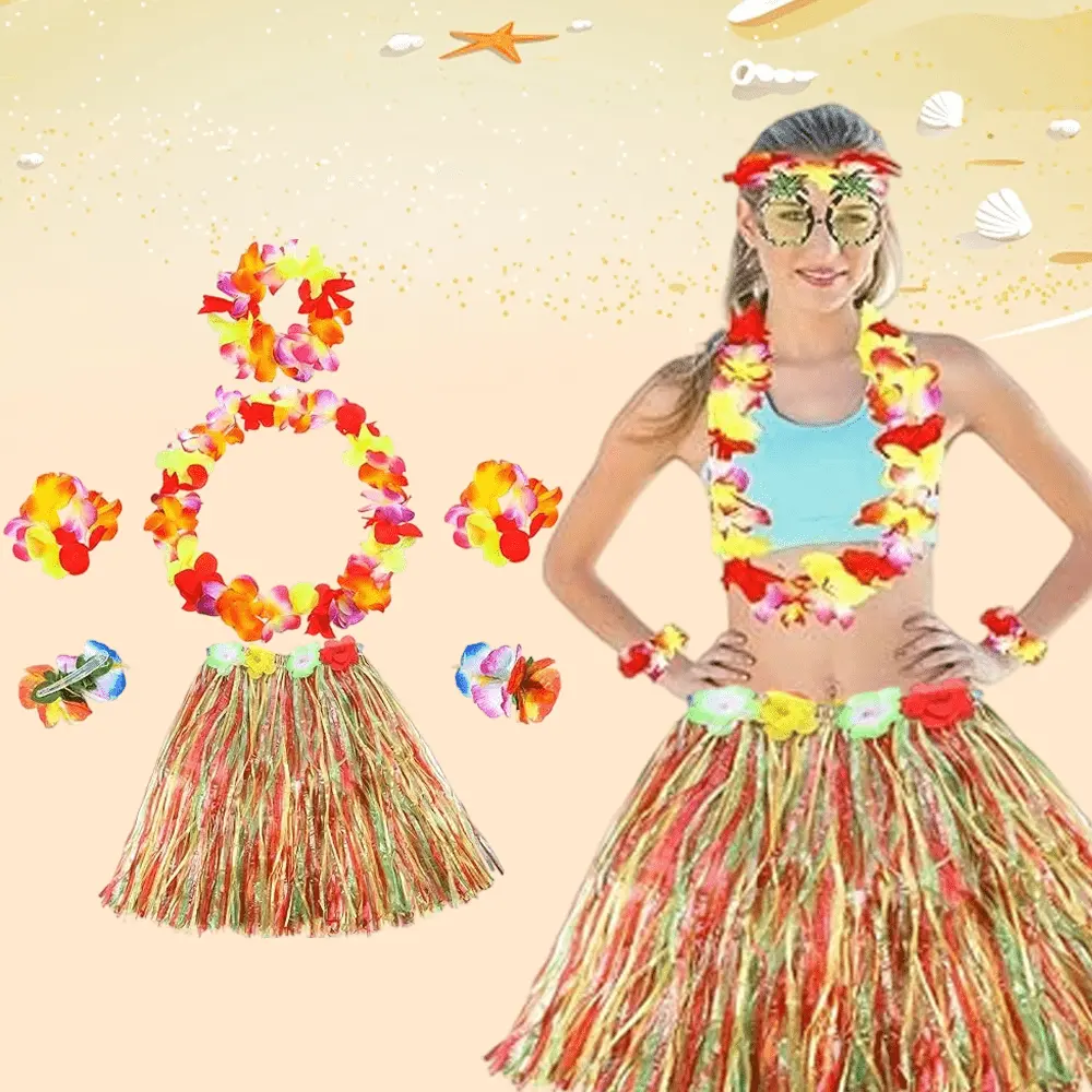 7Pcs Lightweight Colorful Luau Costumes Set - Ruffle Flower Grass Hula Skirt, Leis, Headband, Hairclip Garland for Tropical Summer Beach Parties, Accessories