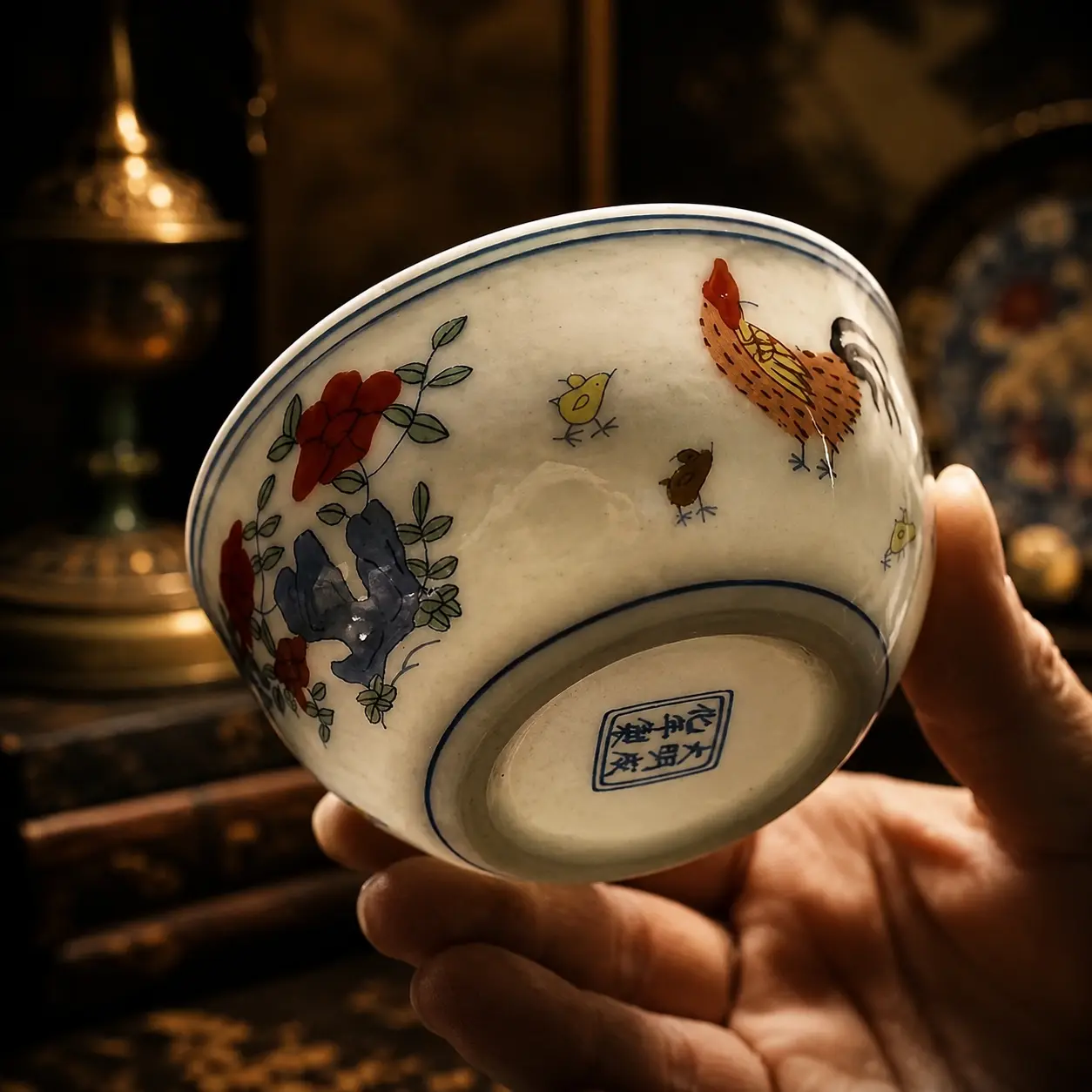 Luxury Traditional Classic Chinese Ceramic Espresso Cup, Doucai Chicken Design Replica, 55ml Small Coffee-Tea Tasting Cup