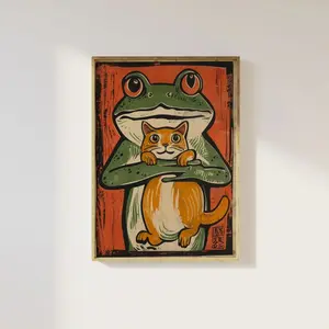 Funny Japanese Frog and Cat Woodblock Print: Vintage Animal Poster C