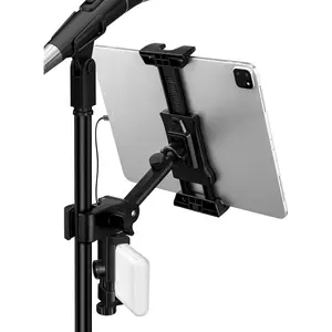 Tablet Holder for Mic Stand with Power  Clip - Adjustable iPad/ Mount for  Stand, Compatible with Screen Devices from 4.7-13.5" Smartphones, Android - Outdoor Streaming & Recording