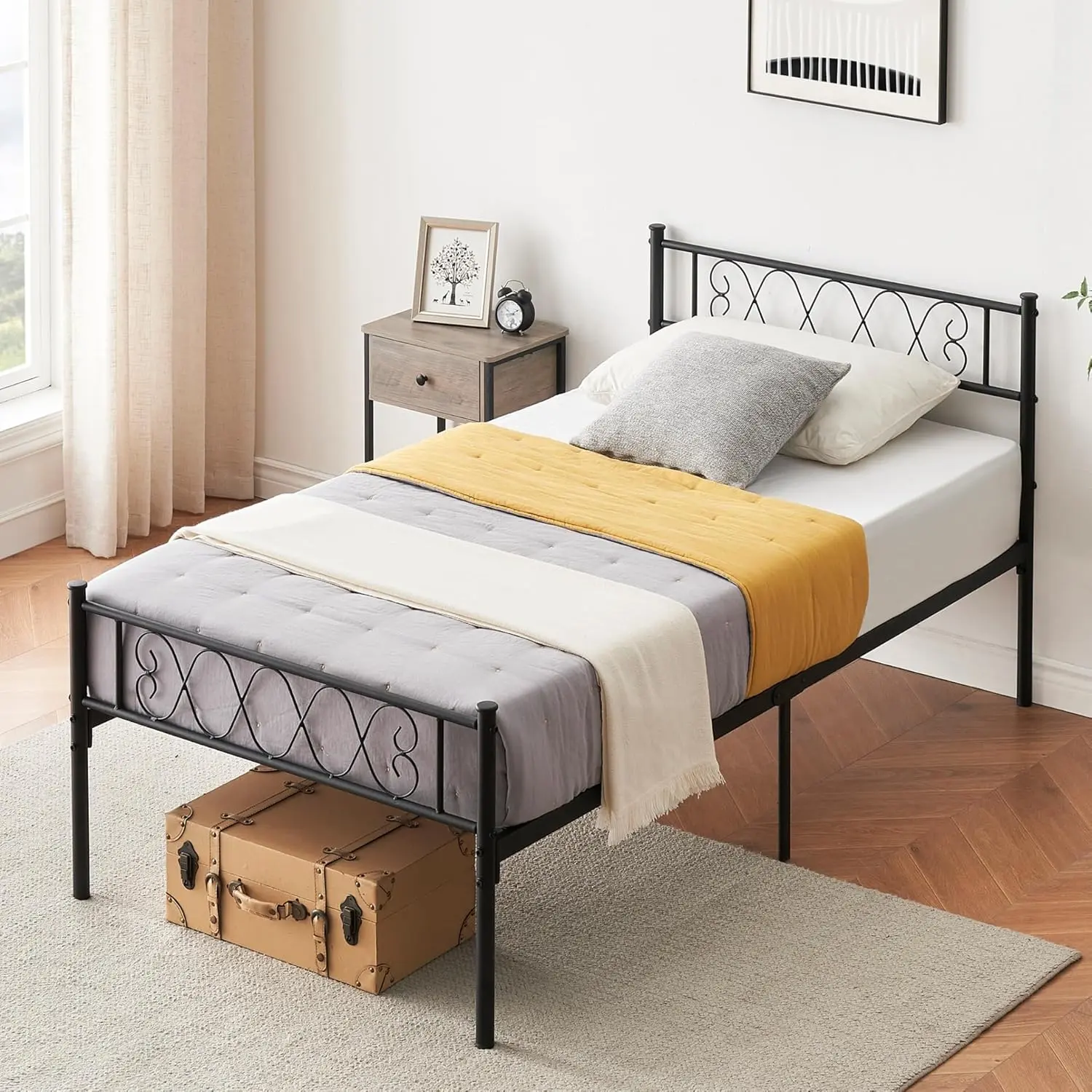 Twin Size Black Metal Platform Bed Frame - Classic Iron Art Sweetheart Detail Headboard, Footboard, Silent Durable Build, No Box Spring Needed, Underbed Storage, Fast-Install Metal Bed Frame for Kids’ Bedrooms, Indoor Furniture, Metal Bed Frames