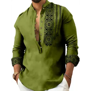 Men's Ethnic Style Geometric Print Stand Collar Long Sleeve Deep Henley Neck Shirt, Breathable And Comfy Casual Top For Daily Wear