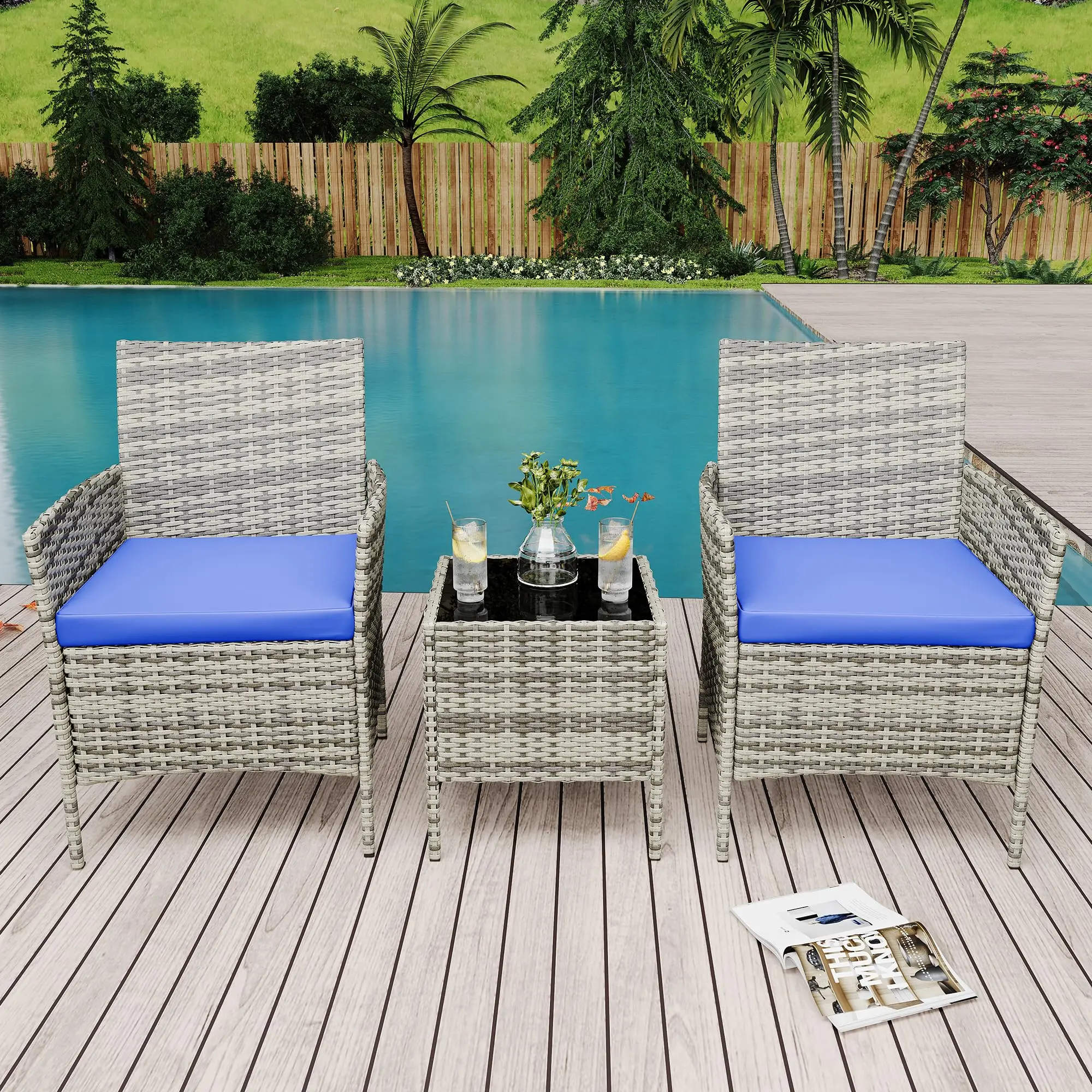 Grey gradient rattan/blue cushion