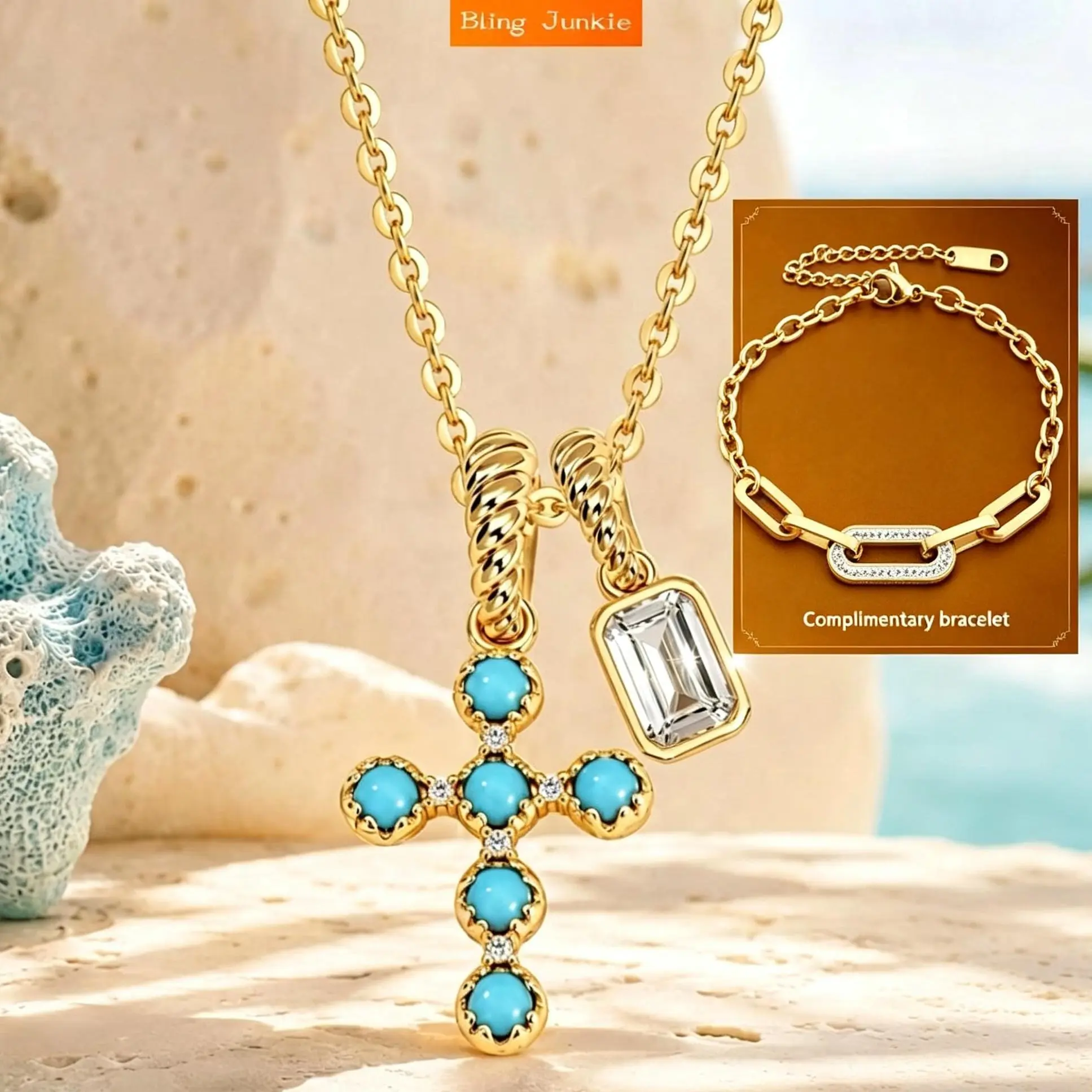 14K Gold Plated Vintage Turquoise Cross Necklace, Dual‑Charm Cross & Rectangle Crystal Pendant Necklace, Religious Faith Statement Jewelry for Women, FREE GIFT Crystal Paperclip Chain Bracelet Included