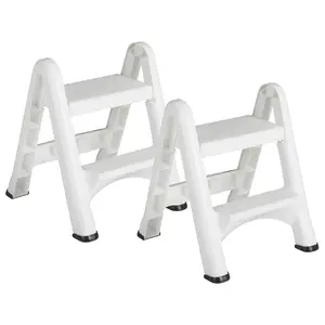 Rubbermaid EZ Two Step Durable Folding Plastic Ladder Step Stool, White (2 Pack)