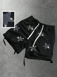 ✨ Rhinestone Studded Black Shorts | Oversized Streetwear with Adjustable Drawstring Waist & Raw Hem | Blingy Y2K Fashion for TikTok #RhinestoneShorts #StreetStyle #Y2KRevival #BlingFashion #OversizedShorts #HipHopStyle