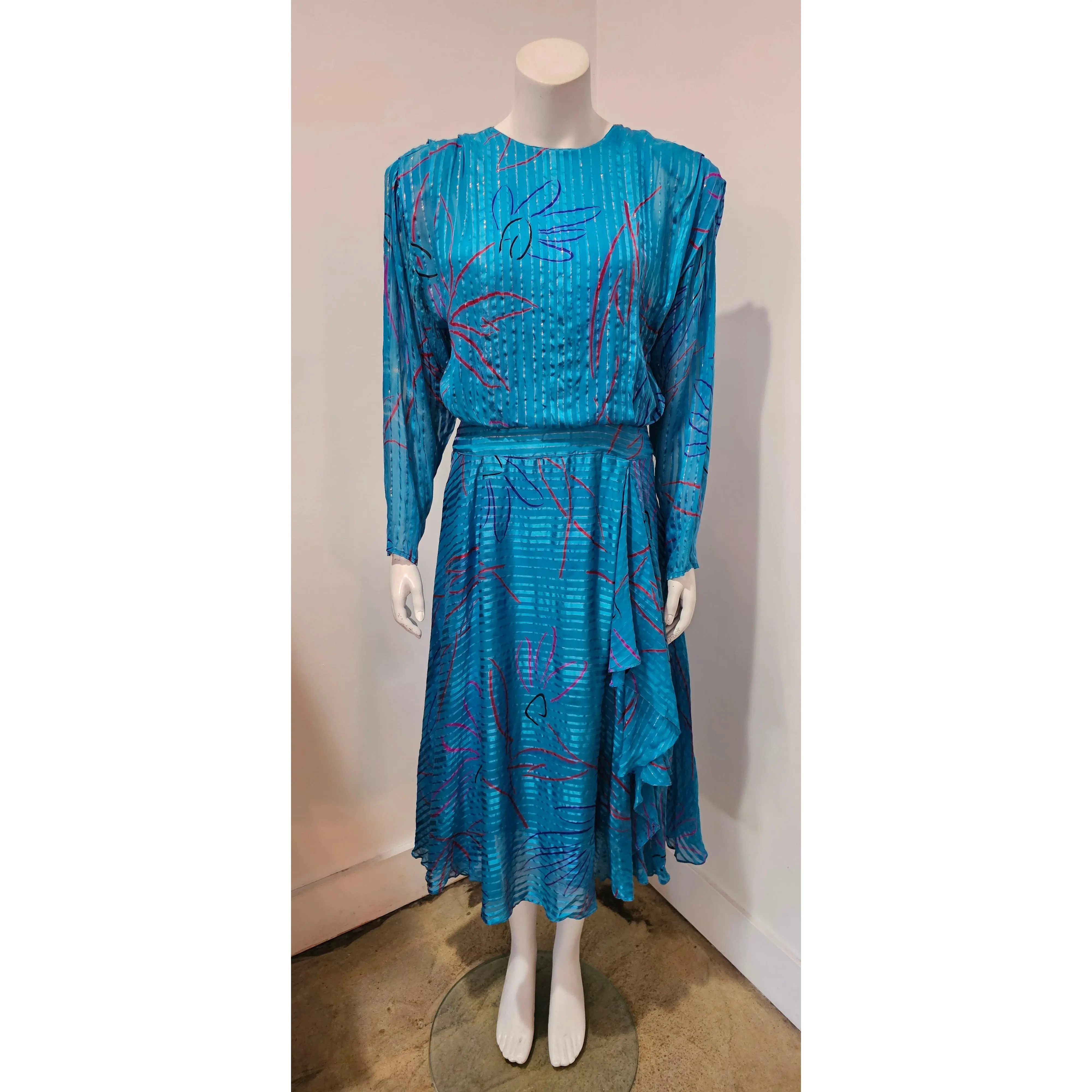 Vintage 70's Glam Abstract Floral Lurex Stripe Silk Georgette Midi Dress by The Silk Farm