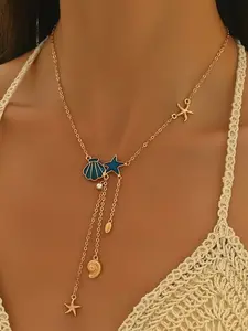 Ocean Vacation Style Starfish and Seashell Necklace, Minimalist Design, Multilayered Jewelry, Perfect Gift for Women & Girls