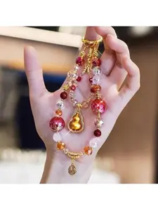 Original purple and gold gourd mobile phone chain, bright red crystal glass bead mobile phone lanyard, hanging chain, luxury wrist strap