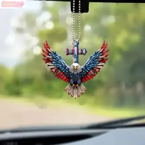4th Of July Independence Day American Flag Bald Eagle Cross Car Hanging Ornament Patriotic Rearview Mirror Pendant USA Flag Eagle Christian Car Charm Veteran Gift Idea Aesthetic Car Accessories summerwins