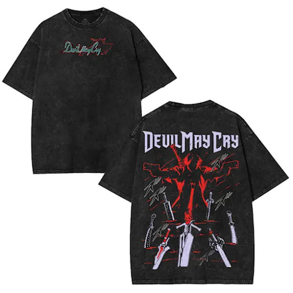 Devil May Cry Graphic Washed T-Shirt, Dante Weapons Back Print, 230g Unisex Cotton Oversized Gaming Streetwear Tee