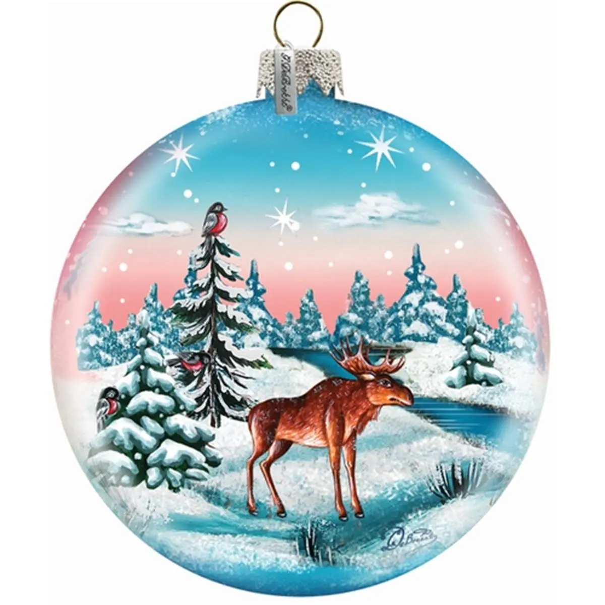 G.Debrekht 73417 Handmade 3.5 inches Transparent Iridescent Glass Winter Moose Ornament Ball - 1.5 mm Decorative Painting Landscape Art, Festive Holiday Decor for All Seasons