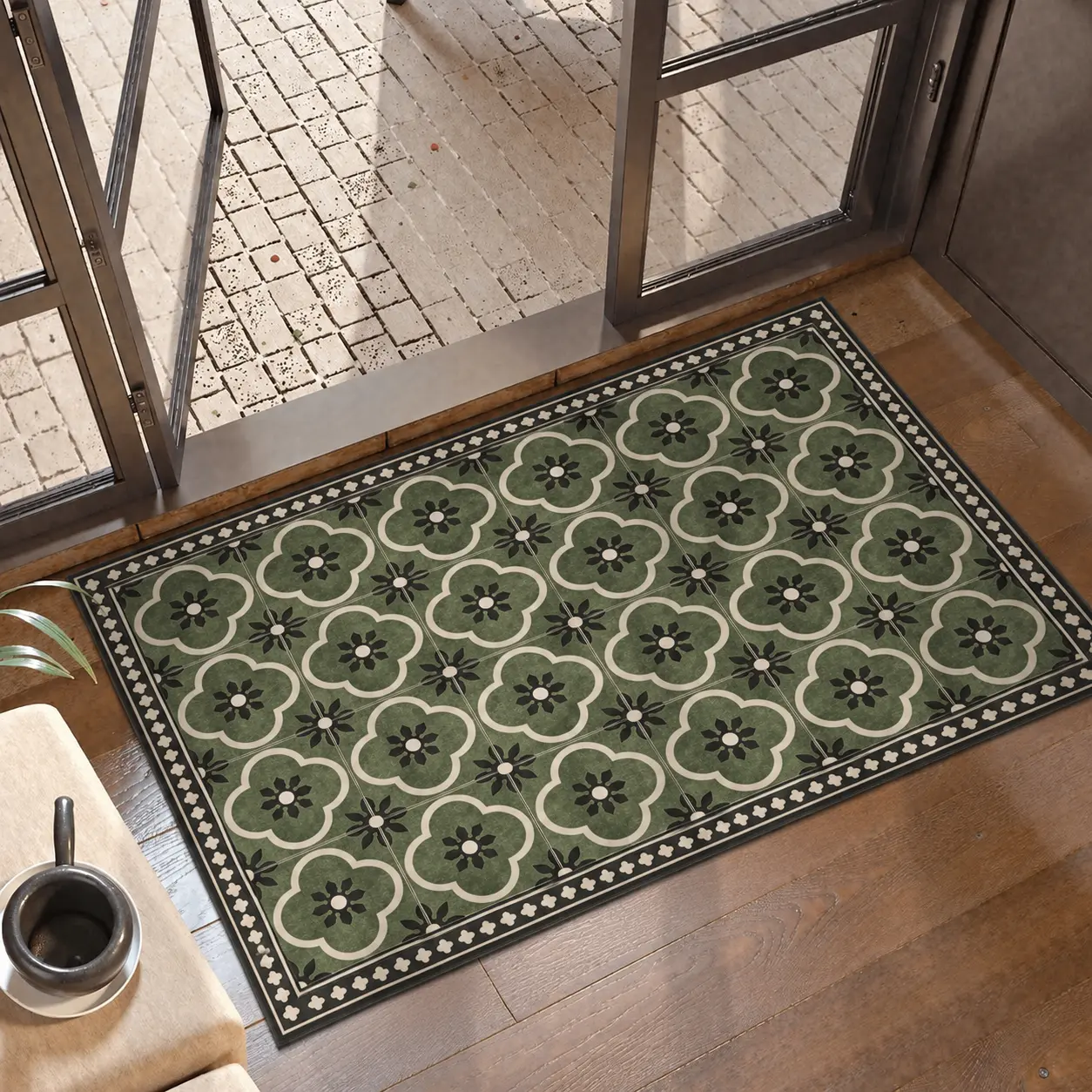 Vintage Green Tile Pattern Area Rug – Classic European Mosaic Design with Botanical Floral Motifs | Timeless Waterproof Patio Rug for Porch, Deck, Balcony, Kitchen, Living Room & Entryway