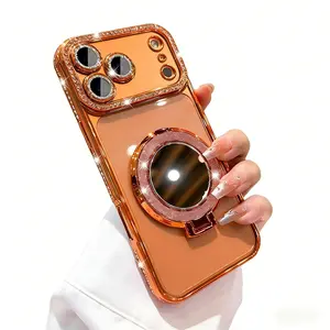 Rose Gold Rhinestone Mirror Stand Aesthetic Protective Case | Fashionable Phone Case for iPhone 17, 17 Air, 16, 15, 14, 13, 12, 11 Pro Max, Pro, Plus | High Quality Shockproof Cover | Trendy iPhone Case Shopping Pick