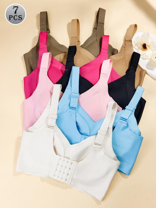 [7/5/4/3Pcs]Women's Solid Four-breastedAdjustable Wireless Bra,Curvy SoftComfortable BreathableRibbed PushUp Seamless Bra,Women's Lingerie forAll Seasons,Womenswear