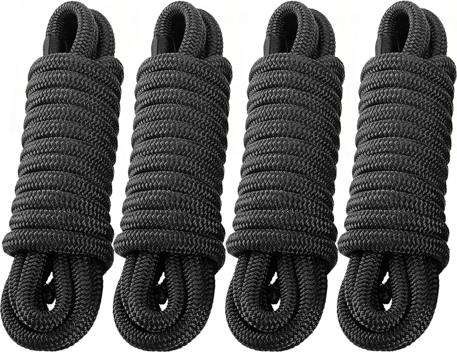 4 Pack 3/4" x 25' Dock Lines - Marine Grade Nylon Boat Rope with 15" Loop for Docking and Mooring - Double Braided Boat Lines, High Strength, Easy Handling, Fray Resistant, Heavy Duty - Black