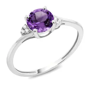 10K White Gold Gemstone Birthstone and Diamond Accent Engagement Ring | 6MM Round | Wedding Anniversary Promise Ring For Women | Size 5, 6, 7, 8, 9