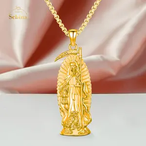 Sebina La Santa Muerte Necklace for Men Women Skull Memento Mori Necklaces Pendant Grim Reaper Skull Silver Jewelry