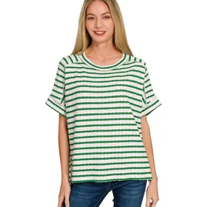 Zenana Striped Jacquard Round Neck Boxy Tee
