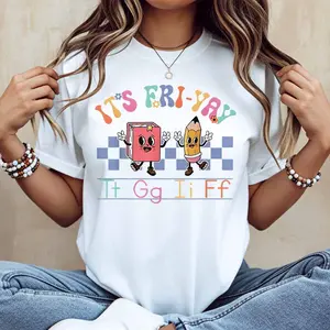 Its Fri Yay Book And Pencil Cartoon Print T Shirt Women Casual Short Sleeve Top Summer Trendy Graphic Tee For School Teachers Students
